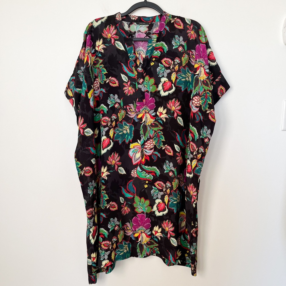 Natori Sayuri Oversized Split Neck Silk Blend Caftan Tunic Top Womens Large